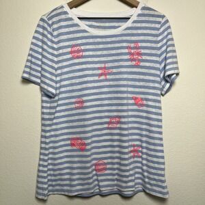 Talbots Women Linen Novelty Top Large‎ Stripe Crewneck Short Sleeve Lobster Crab